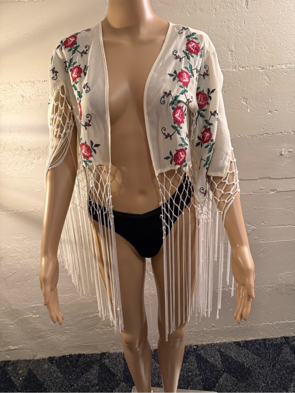 Pins & Needles Cream Sheer Kimono with Red & Green Embroidery